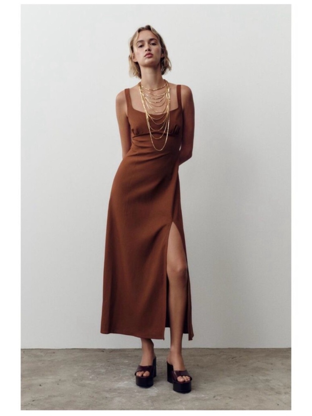 Zara Linen Midi Dress in Terracotta Brown